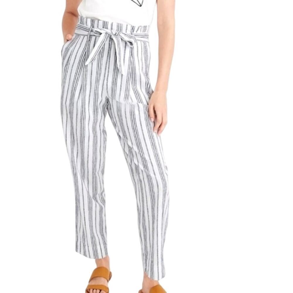 Madewell High Waisted Paperbag Linen Blend Pants White Blue Stripe Size 2